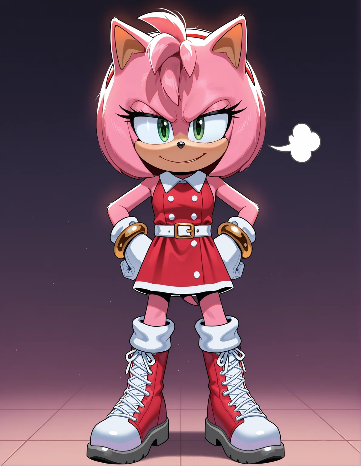 1girl, solo, full body, no humans, sonic \(series\),
<lora:Movie-Amy:1> movieamy, pink fur, green eyes, animal nose, body fur, hedgehog tail, petite, short legs,
short hair, bob cut, red hairband,
red dress, sleeveless dress, backless outfit, white belt, collared dress, gold bracelet,
white socks, white gloves, standing, lace-up boots, red boots, white boots, two-tone boots, looking at viewer,
standing, hands on hips, exasperated sigh, squinting eyes, annoyed expression, extremely detailed, highres, masterpiece, best quality