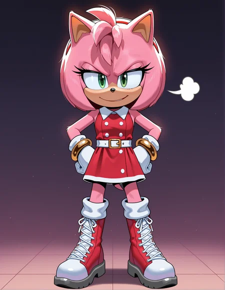 1girl, solo, full body, no humans, sonic \(series\),
<lora:Movie-Amy:1> movieamy, pink fur, green eyes, animal nose, body fur, hedgehog tail, petite, short legs,
short hair, bob cut, red hairband,
red dress, sleeveless dress, backless outfit, white belt, collared dress, gold bracelet,
white socks, white gloves, standing, lace-up boots, red boots, white boots, two-tone boots, looking at viewer,
standing, hands on hips, exasperated sigh, squinting eyes, annoyed expression, extremely detailed, highres, masterpiece, best quality