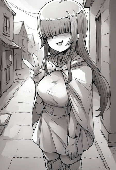 score_9, score_8_up, score_7_up, score_6_up, score_5_up, score_4_up, source_anime, uncensored, zPDXLxxx, <lora:intricate_details:0.5> intricate_details_xl, outdoors, town, sunlight <lora:Orenji_ArtStyle_for_PonyXL:1> orenjistyle, br4tty, upper body, profile picture, cowboy shot,
<lora:Momo_MCFIEC_v1.0:0.8> Momo, 1girl, solo, long hair, hair over eyes, monochrome, greyscale, hands on floor, looking at viewer, blunt bangs, hime cut, knee boots, medium breasts, covered eyes, collarbone, long bangs, facing viewer, dress, cape, capelet, (smug, skin fang:1.1), (v:1.1), standing,