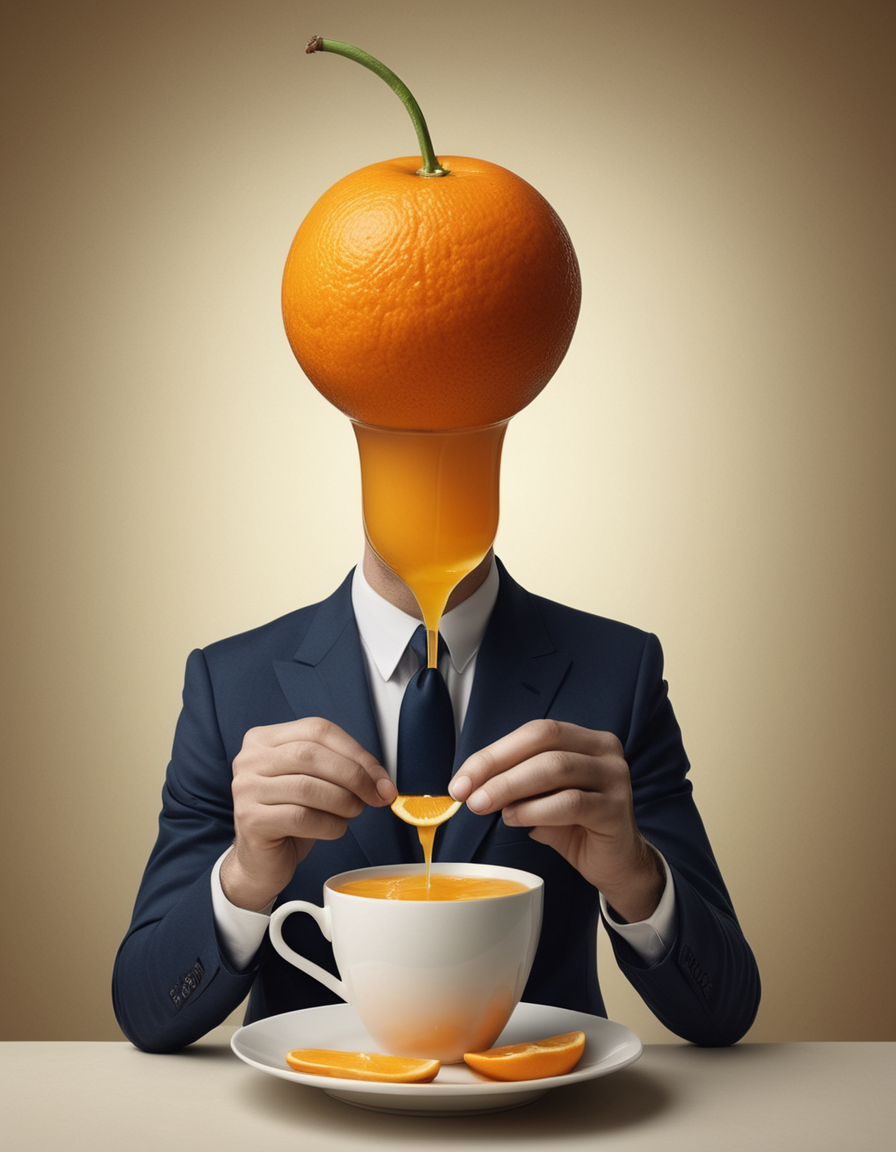 Surrealist art <lora:CivitAI__Style_Fusion_-_FFusionAI_Entry_64DIM:0.65> FFusionAI Style, CivitAI,a man in a suit is eating an orange from a cup, spilling juice, photography alexey gurylev, orange head, photography alexey kurylev, inspired by Darek Zabrocki, inspired by Mike Winkelmann, editorial photograph, photo manipulation, hugh kretschmer, by Etienne Delessert, photo  manipulation . Dreamlike, mysterious, provocative, symbolic, intricate, detailed