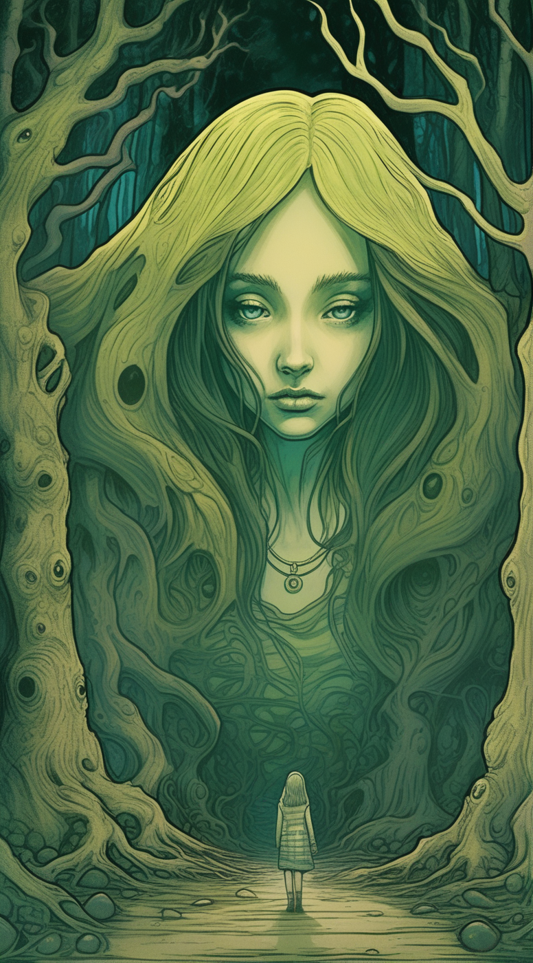 drawix4 girl in old forest, a dark and mysterious world unfolds, enigmatic dreamscape surrealistic <lora:drawix4:1>