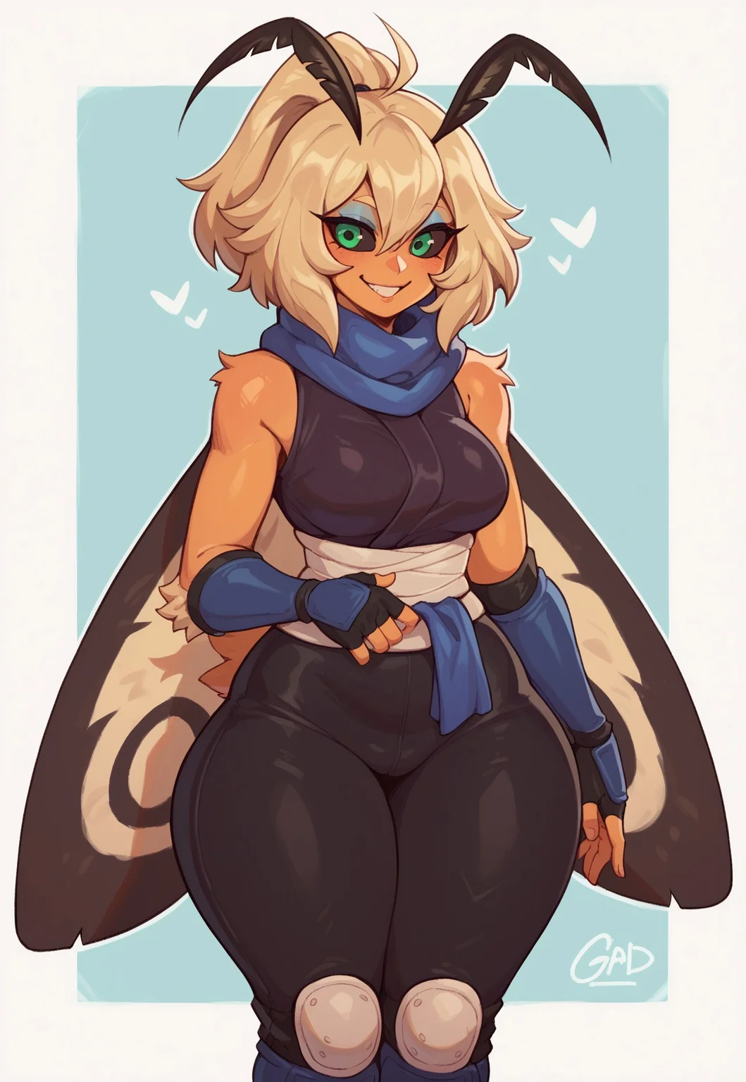 score_9, score_8_up, score_7_up, score_6_up, score_5_up, simple background, cowboy shot, BREAK, 1girl, orange skin, moth girl, monster girl, (fuzzy fur), antennae, blonde hair, hair between eyes, medium hair, ponytail, sidelocks, black sclera, green eyes, blue eyeshadow, neck tuft, moth wings, blue scarf, ninja, black kimono, small breasts, wide hips, thick thighs, (black pants), knee pads, blue elbow gloves, fingerless gloves, standing, smile