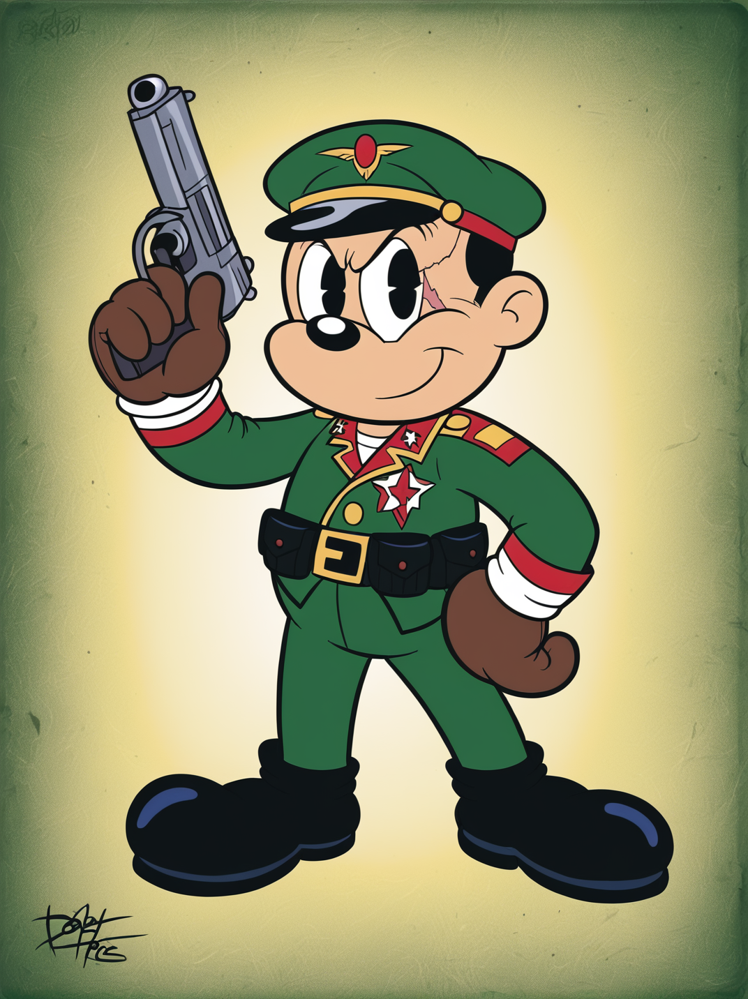 score_9,
1boy, balck hair, scar on face, military uniform, gloves, handgun, one hand on hips, one hand up,
front, looking at viewer, (dynamic pose:1.1), full body, colorful background,
, RetroXL, toon \(style\), semi chibi, flat color, black eyes, <lora:RetroToonXL_Style:1>