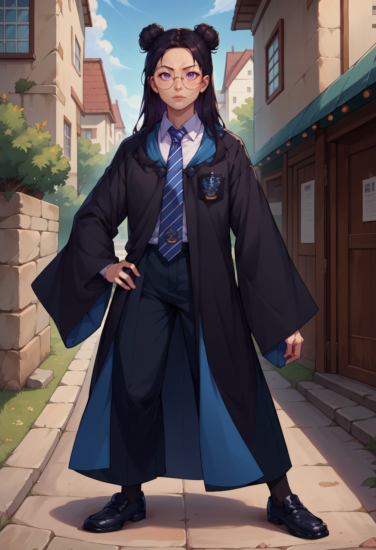 score_9, score_8_up,score_7_up, source_anime, 1girl, solo,purple eyes, black hair, buns, long hair , <lora:EPRobeRavenclaw-10:1>, EPRobeRavenclaw, wearing EPRobeRavenclaw, collared shirt, white shirt, emblem, black pants, black robe, blue necktie, striped necktie, round eyewear, wide sleeves, long sleeves, black legwear, kneehighs, loafers, hand on hip, outdoors