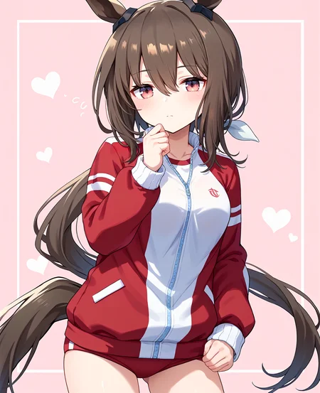 score_9, score_8_up, score_7_up, 1girl, (looking at viewer:1.2), (open mouth:0.6), expressionless,, blush, heart background,, (sleepy:1.2),, (,:1.2),
admire vega \(umamusume\),  <lora:pony_admire_vega_v1.02:1>, horse ears, horse tail, hair between eyes, low ponytail, single ear cover,
<lora:_sdxl-um-tracenjersey-pony:0.6>, red jacket, track jacket, , tracenjerseyburuma, red buruma,
,
