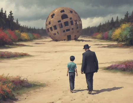 <lora:ssta:0.6>ssta, man wearing hat and boy walk through sand towards ruins, trees, plants, flowers, clouds