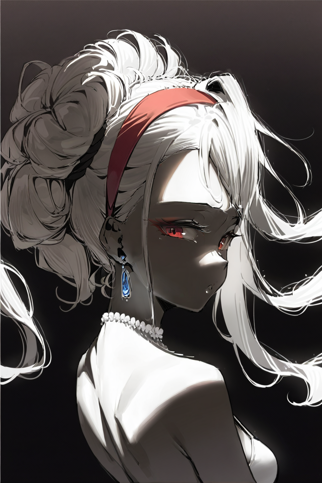 score_9, score_8_up, score_7_up, 1girl, earrings, hairband, red eyes,  black background, dark, spot color <lora:dblack:1.3>