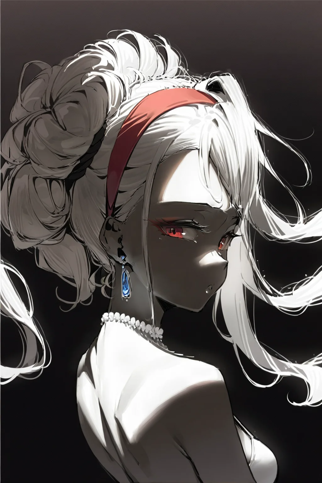 score_9, score_8_up, score_7_up, 1girl, earrings, hairband, red eyes,  black background, dark, spot color <lora:dblack:1.3>