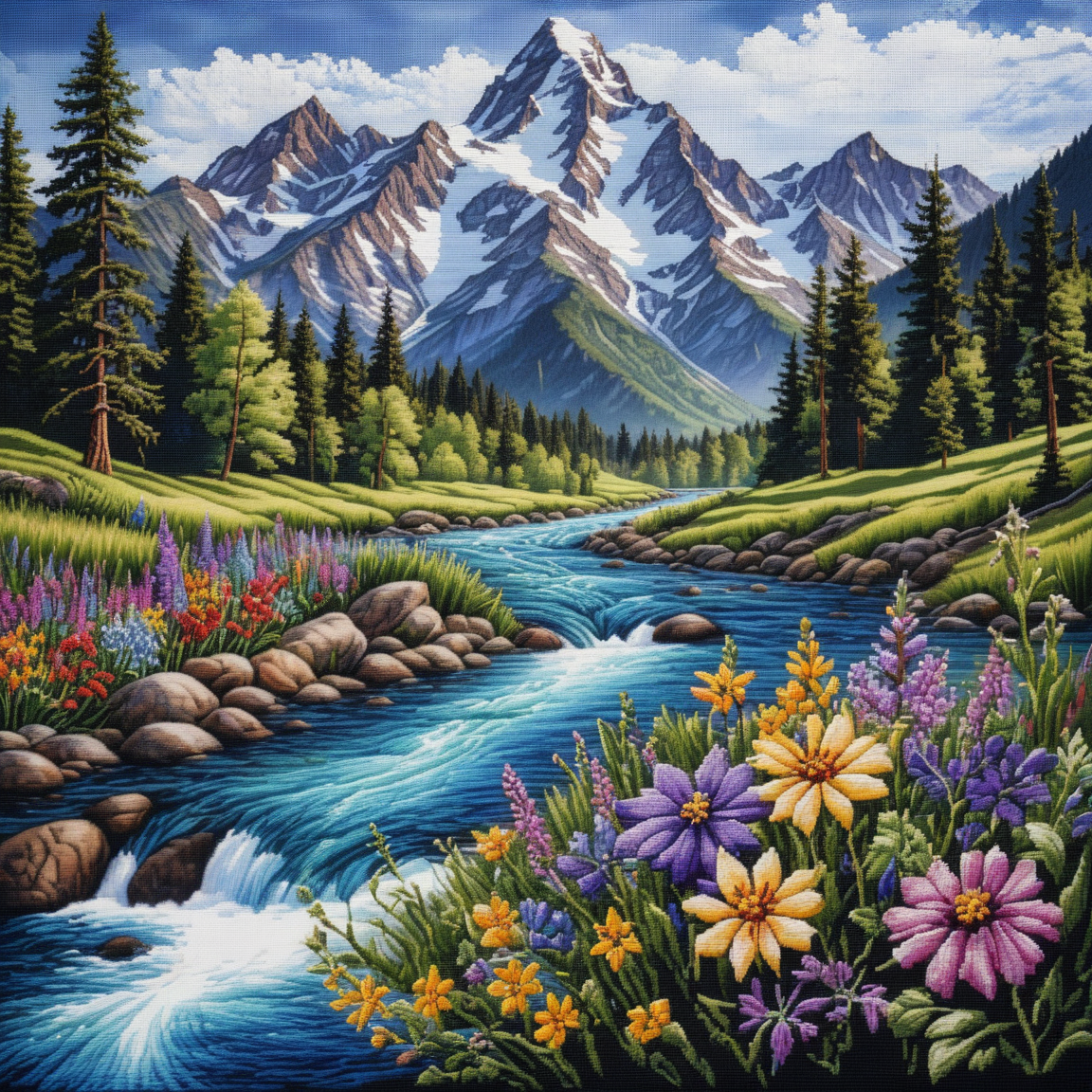 Intricate cross-stitch art, beautiful mountain landscape, photorealistic, detailed textures, vibrant colors, snow-capped peaks, lush green valleys, flowing river, colorful wildflowers, high contrast, serene and picturesque, fine stitches, natural lighting