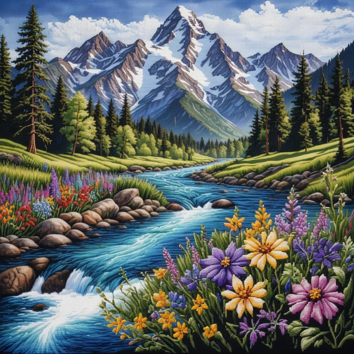 Intricate cross-stitch art, beautiful mountain landscape, photorealistic, detailed textures, vibrant colors, snow-capped peaks, lush green valleys, flowing river, colorful wildflowers, high contrast, serene and picturesque, fine stitches, natural lighting