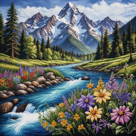 Intricate cross-stitch art, beautiful mountain landscape, photorealistic, detailed textures, vibrant colors, snow-capped peaks, lush green valleys, flowing river, colorful wildflowers, high contrast, serene and picturesque, fine stitches, natural lighting
