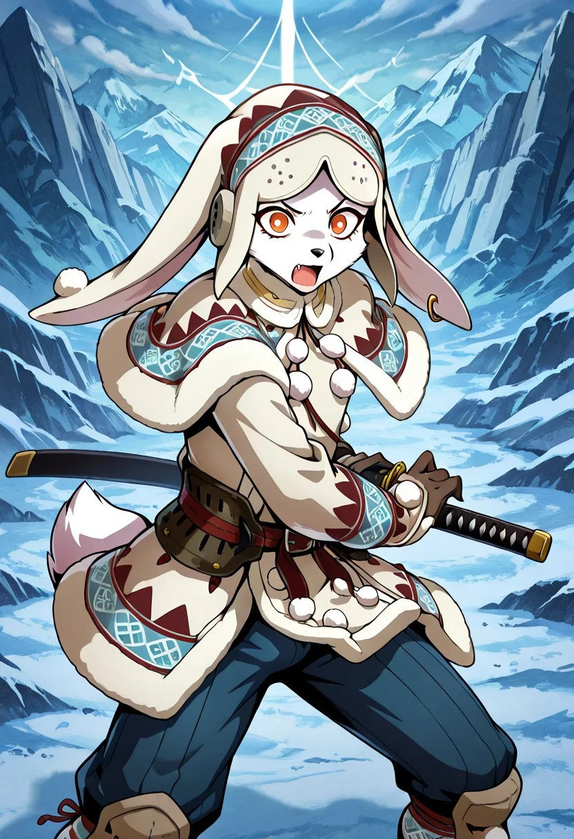 masterpiece, best quality, amazing quality, very aesthetic, high resolution, ultra-detailed, absurdres, newest, rating_sfw, etheras, fennec fox, fox, true fox, canid, canine, black nose, ear piercing, ear ring, femboy, fluffy, fluffy tail, fur, jewelry, orange eyes, piercing, ring piercing, tail, white fur, white body, solo, furry, anthro, bulge, flat chest,anime screencap, <lora:lagombi-armor-illustriousxl-lora-nochekaiser:1>, lagombi armor, animal ears, animal hat, belt, blue pants, brown gloves, capelet, gloves, hat, hat with ears, hood, lagombi (armor), long sleeves, pants, pom pom (clothes), rabbit ears, sleeves past wrists, stitches, winter clothes, <lora:battoujutsu-stance-illustriousxl-lora-nochekaiser:1>, battoujutsu stance, looking at viewer, holding, weapon, sword, holding weapon, holding sword, standing, katana, sheath, sheathed, fighting stance, ready to draw, surprised, open mouth, , icy mountain background