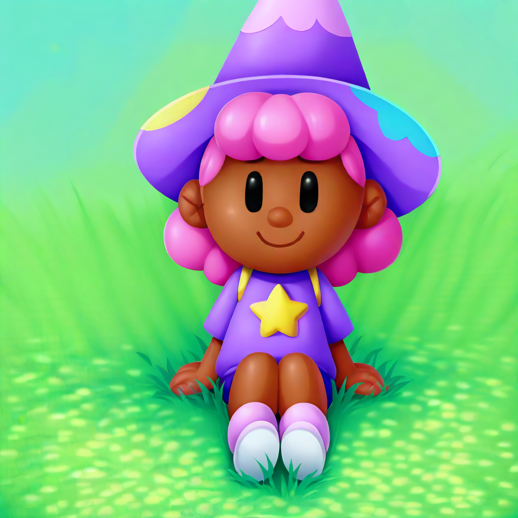 score_9, solo, violet_lucky, dark skin, pink hair, hat, star (symbol), sitting, grass, cute