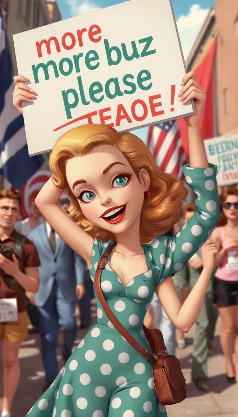 masterpiece, UHD, 4K wallpaper, high_reso, pin-up image of Bart Simpson holding up a placard sign 'more buzz please' while doing a protest rally in the street