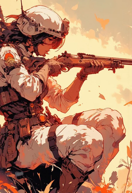Mh1$AgThS2, intricate linework with expressive contrasts, soft lighting with dynamic highlights, image of female sniper in white camouflage uniform, aiming sniper rifle, silhouetted at sunset, chiascuro, In the style of ff-td
