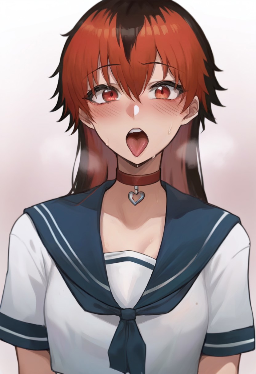 score_9, score_8_up, score_7_up, Mevak_PS, source_anime, hi res, masterpiece, best quality, highres, female focus, red choker, serafuku, blush, open mouth, tongue out, looking at viewer, blue sailor collar, short sleeves, upper body, collarbone, teeth, shirt, heart choker, sweat, neckerchief, zPDXL,  zPDXLxxx,  stark (sousou no frieren), long hair, red hair, red eyes, hair between eyes, multicolored hair, black hair, two-tone hair,