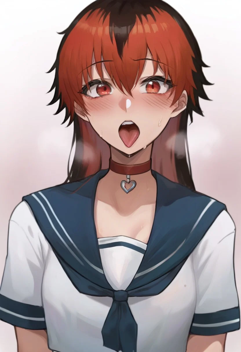 score_9, score_8_up, score_7_up, Mevak_PS, source_anime, hi res, masterpiece, best quality, highres, female focus, red choker, serafuku, blush, open mouth, tongue out, looking at viewer, blue sailor collar, short sleeves, upper body, collarbone, teeth, shirt, heart choker, sweat, neckerchief, zPDXL, zPDXLxxx, stark (sousou no frieren), long hair, red hair, red eyes, hair between eyes, multicolored hair, black hair, two-tone hair,