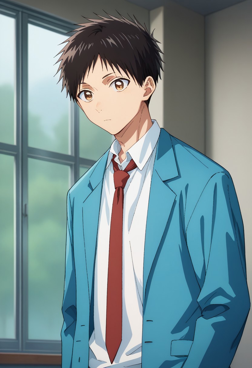 score_9, score_7_up, source_anime, 
taiki, 1boy, male focus, solo, brown eyes, black hair, short hair, school uniform, shirt, white shirt, collared shirt, necktie, red necktie, jacket, blazer, blue jacket, long sleeves, 
indoor,