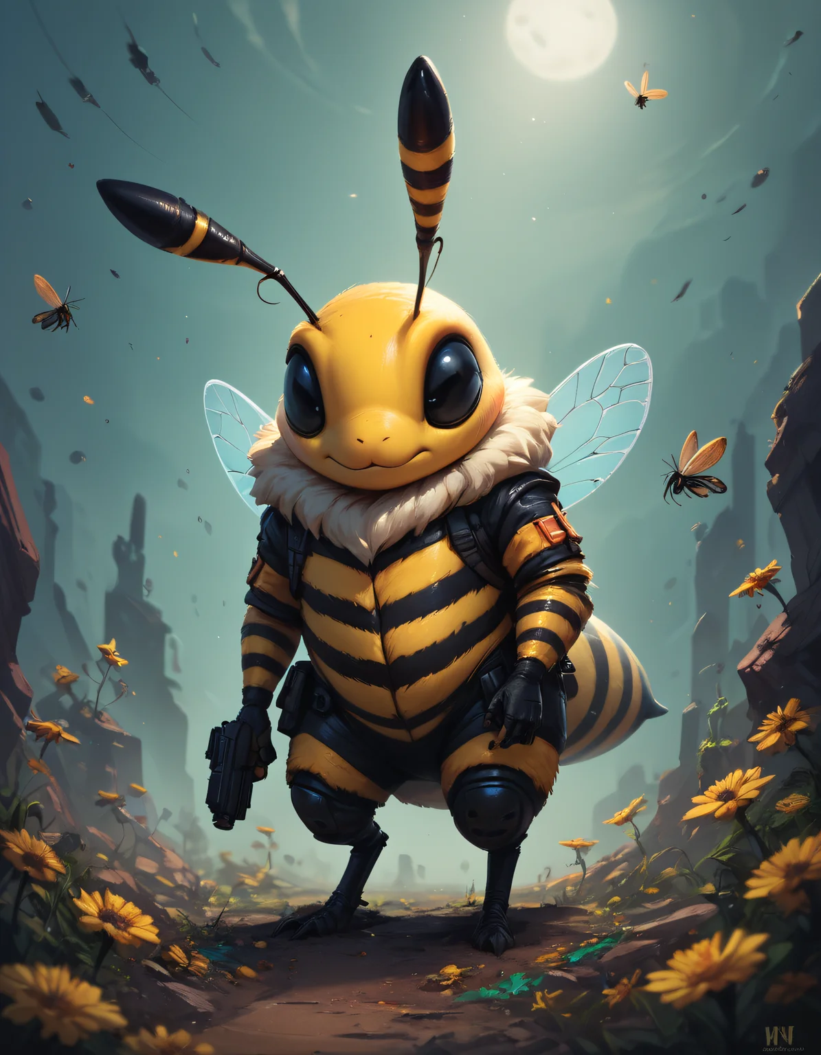score_9, score_8_up, score_7_up, score_6_up, score_5_up, score_4_up, a bee, standing like a person, with a gun, surreal