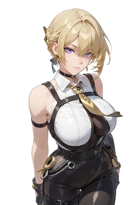 anime, anime coloring, 
zenless zone zero, zenless_zone_zero_evelyn, znlessznzrvlyn, bangs, black gloves, blonde hair, breasts, choker, earrings, gloves, jewelry, purple eyes, short hair, pants, sleeveless, white shirt, sleeveless shirt, necktie, yellow necktie, black pants, tight pants, braid, black bodysuit,
cowboy shot, white background, looking at viewer, 
<lora:zenless_zone_zero_evelyn_illustrious:0.7>,