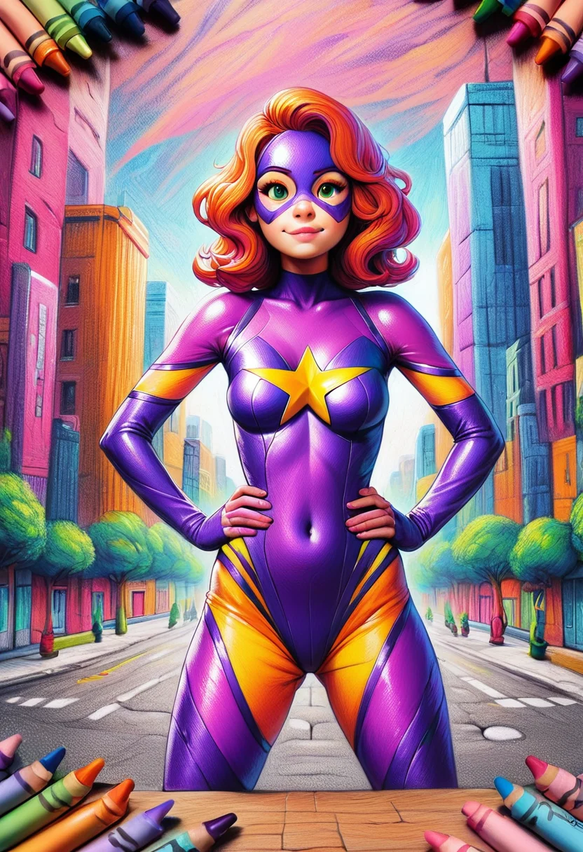 zpdxl2, cr4y0n, colorful, crayon drawing, superhero, purple costume, star \(symbol\),standing with hands on hips, city in background <lora:Colorful_Crayons_Pony:1>