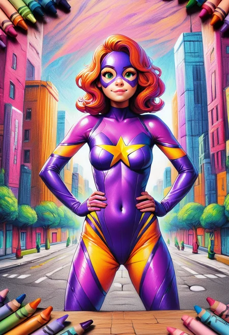 zpdxl2, cr4y0n, colorful, crayon drawing, superhero, purple costume, star \(symbol\),standing with hands on hips, city in background <lora:Colorful_Crayons_Pony:1>