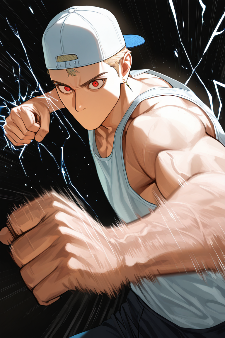 realistic shading, natural lighting, mouthless, male focus, urektg, red_urektg_eyes, blonde_urektg_short hair, white_urektg_backwards baseball cap, yellow_urektg_earrings, 1boy, wide-eyed, punching, powerful punch, imposing pose, evil, incoming attack, tank top, floating clothes, windy, shadow, simple plain black background, foreshortening, dutch angle, dynamic angle, dynamic action, intricately detailed illustration, cinematic, depth of field, atmospheric perspective, masterpiece, best quality, amazing quality, very aesthetic, absurdres, newest, BREAK, lightning, electricity, motion lines, speed lines, motion blur