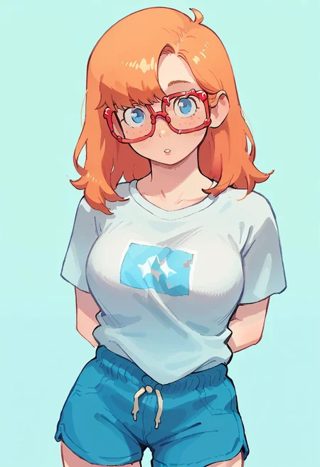 score_9, score_8_up, score_7_up, score_6_up, source_cartoon, 1girl, solo, 
 sexy hips, shiny skin, 
ritacolo, thin rimmed glasses, short orange hair, blue eyes, light freckles, pudgy, large breasts, loose light blue t-shirt, shorts, looking at viewer, furrowed brow, parted lips
 upper body, close up, blank background