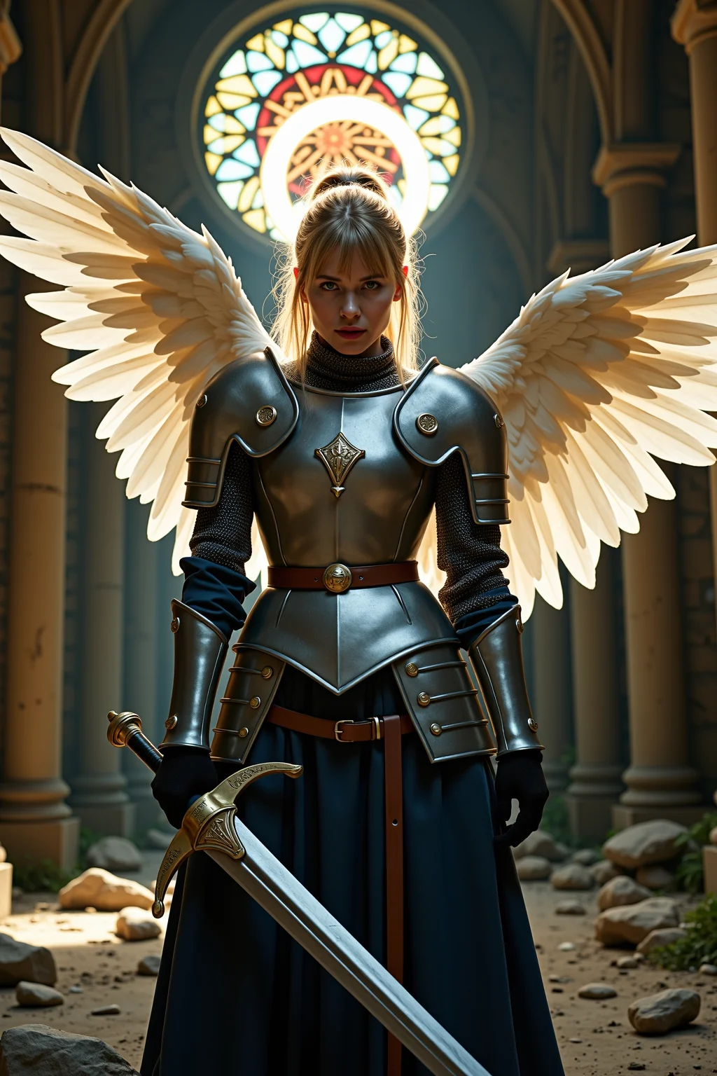 a cinematic upper-body shot of a celestial warrior angel standing in the ruins of an ancient cathedral, facing forward with an intense, unwavering gaze; her piercing blue eyes, framed by soft blonde bangs, lock onto the viewer, her long golden hair tied into a high ponytail, a few loose strands escaping to soften her strong, battle-hardened features; she wears resplendent yet battle-worn medieval knightâs armor, polished silver plate adorned with intricate engravings, layered over deep blue fabric and reinforced with chainmail at the joints; a thick leather belt secures her armor, its buckle engraved with celestial symbols; her black-gloved hands grip the hilt of a longsword, its ornate golden crossguard reflecting the dim candlelight flickering in the ruined sanctuary; behind her, an elaborate circular stained-glass window glows with divine radiance, its intricate golden and crimson patterns depicting a celestial sigil, the fractured glass edges catching the light and casting prismatic reflections across the stone walls; a glowing, ethereal halo hovers above her head, its soft divine illumination subtly interacting with the ambient light, creating a sense of holiness and reverence; her large white feathered wings, partially extended, frame her figure, their immaculate feathers catching the ambient glow, adding depth and grandeur to her presence; vines creep along the ancient stone columns, a quiet reminder of timeâs passage, while faint embers drift through the air, remnants of a forgotten fire; the cinematic framing is tight and dramatic, a slightly low angle emphasizing her presence, while the interplay of warm and cool lighting accentuates both the sacred and battle-hardened aspects of her divine purpose<lora:Halo Angels improved_divine protector.safetensors:0.5:0.5>