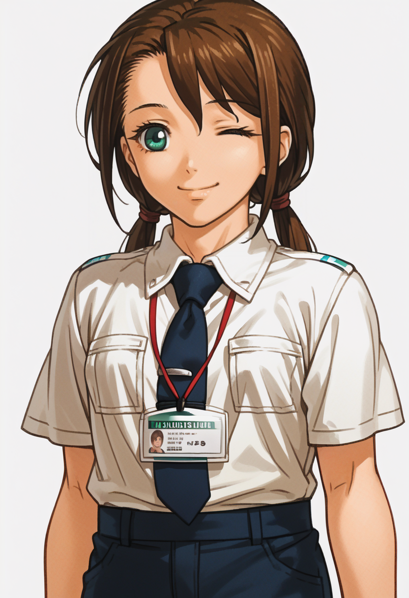 score_9, score_8_up, score_7_up, source_anime, 1girl, solo, smile, wink
<lora:zs_FE10PortraitsXL:1> fe10portraits, portrait, white background
<lora:rnnae-pdxl-nvwls-v1:1> tennoujinae, brown hair, low twintails, turquoise eyes, white shirt, collared shirt, short sleeves, dark blue necktie, lanyard, blue pants
