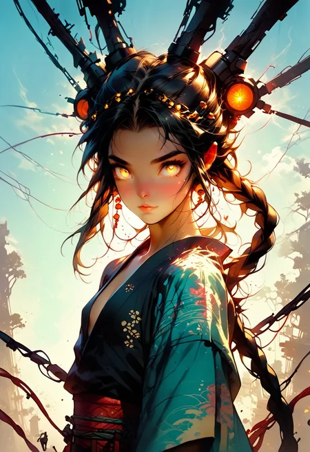 score_9, score_8_up, (1girl cute petite young)) , character focus:1.1, (dynamic angle:1.2), high resolution, 8k, sharp, a cute girl, cute eyes, detail eyes, (kimono, japanese clothes:1.2), (small breasts), cleavage, (sagging breasts:0.6), slender, (pale skin:0.8), black hair, long hair, braid, cowboy shot, (dutch angle:1.2), dynamic pose, god rays, light, gold and black skin, sky, advntr, reelmech, mechanical parts, cable, wires, machinery, joints, body suit, glowing, glowing eyes, black hair,