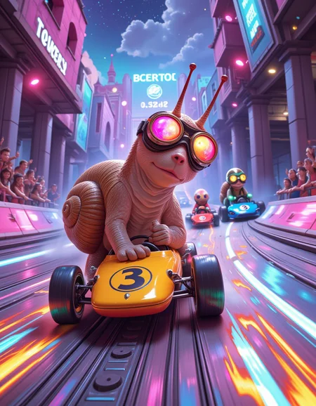 masterpiece, movie poster style, hypercartoon speed fantasy, sweet glitch-racer style, ecstatic snail in racing goggles speeding down a syrup slide with neon motion blur trails, iridescent hover-racers cheering behind, candy-racer shell chrome, toon-turbo madness, <lora:add-detail-xl:1>âââ