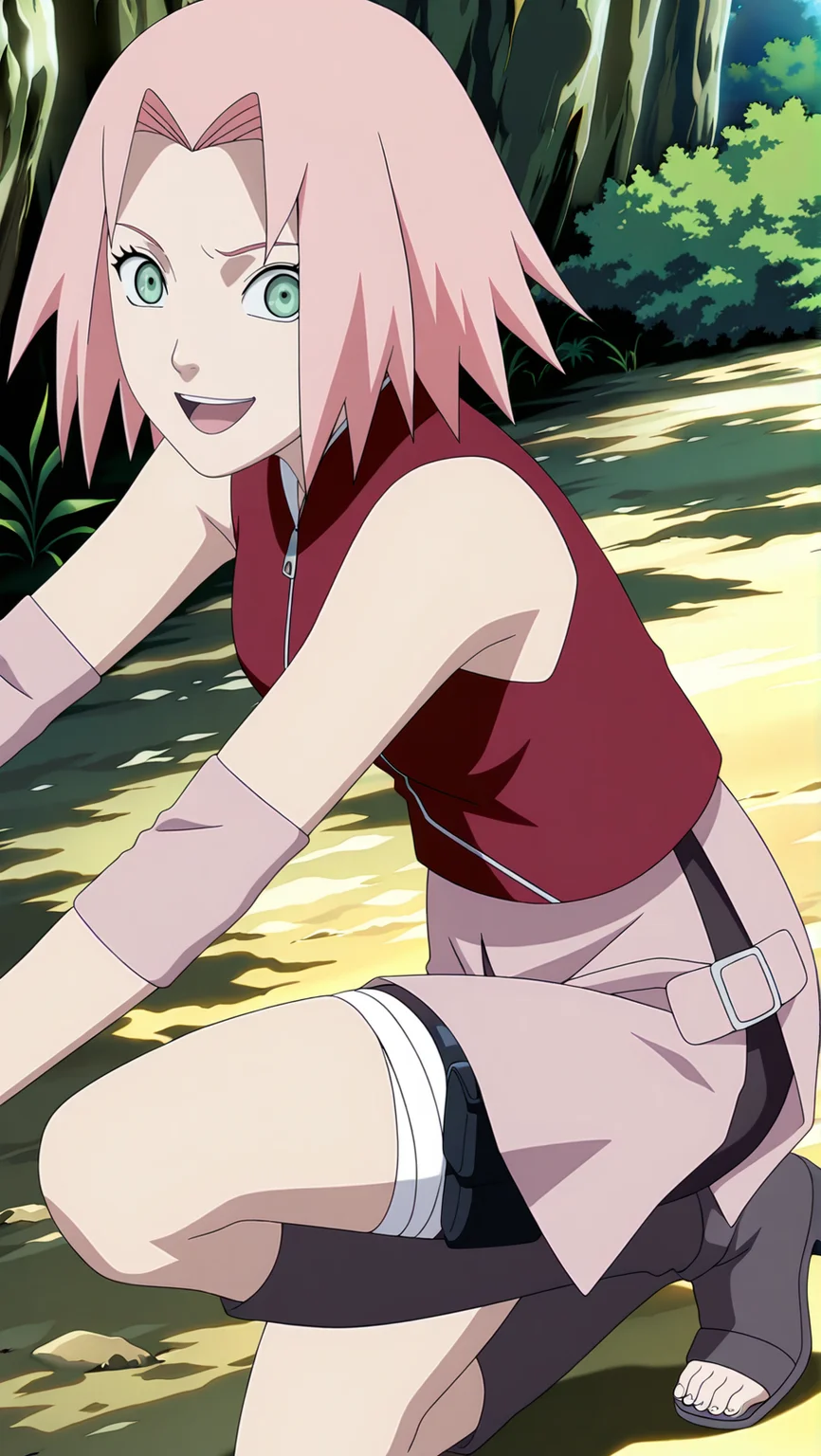 source_anime, masterpiece, best quality, amazing quality, anime screencap, high quality, 8k, absurdres, official style, 1girl, solo, <lora:Sakura_Haruno_iL:1>, 54kur4 h4run0, pink hair, green eyes, short hair, shinobi outfit, gloves, shorts, grey boots, boots, heels, heeled boots, bike shorts, toeless footwear, jacket, zipper, sleeveless, black shorts, red shirt, bare shoulders, skirt, pink skirt, no headband, kneeling, looking at viewer, :d