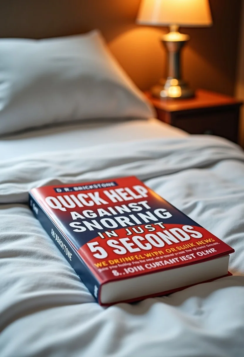 The book is lying on the Night Table in the Bedroom.
Author "Dr. Brickstone"
Cover of the book with the title "Quick Help against Snoring in just 5 Seconds".