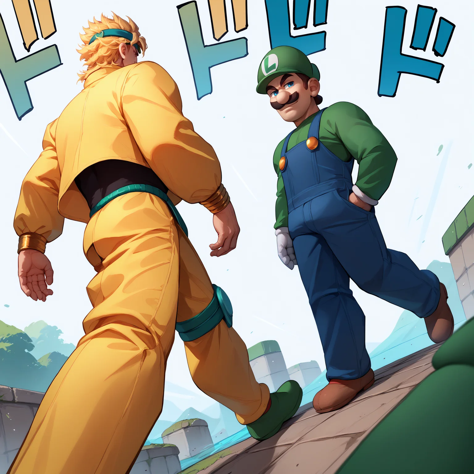 score_9, score_8_up, score_7_up, ApproachingMeMeme, dutch angle, walking, <lora:ApproachingMeMeme_pdxl_Incrs_v1:0.5>, 2boys, outdoors,
BREAK dioBrando, blonde hair, headband, yellow jacket, sleeveless turtleneck leotard, yellow pants, knee pads, pointy footwear, <lora:DioBrando_pdxl_Incrs_v1:1>, from behind,
BREAK <lora:Luigi_XLPD:1> Incrsluigi, luigi, green headwear, blue overalls, white gloves, long sleeves, muscular, smirk,
