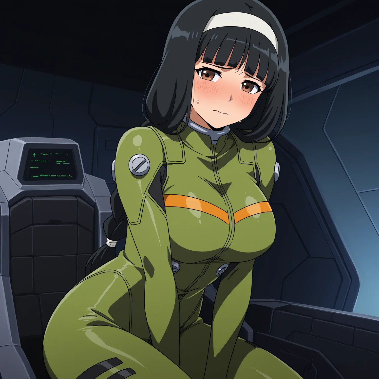 masterpiece, best quality, amazing quality, anime screencap, 1girl, solo, sitting, cowboy shot, cockpit, indoors, sweat, shy, <lora:Kergerenko08:0.9>, Kergerenko08, black hair, blunt bangs, single braid, hairband, brown eyes, large breasts, green bodysuit, mecha pilot suit,