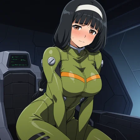 masterpiece, best quality, amazing quality, anime screencap, 1girl, solo, sitting, cowboy shot, cockpit, indoors, sweat, shy, <lora:Kergerenko08:0.9>, Kergerenko08, black hair, blunt bangs, single braid, hairband, brown eyes, large breasts, green bodysuit, mecha pilot suit,