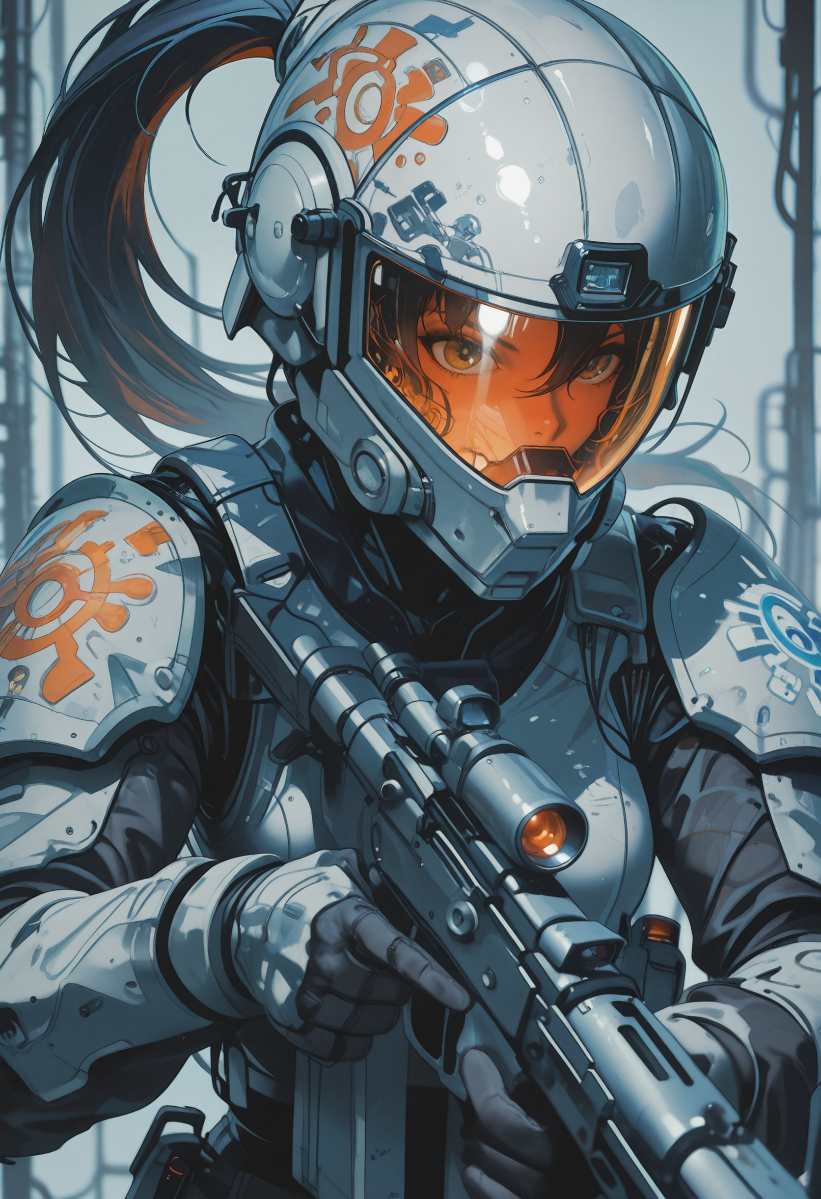 embedding:lazypos, 1girl, (helmet removed:1.2), high ponytail,  focused subject, trigger discipline, otherworldly sci-fi weapon rifle,
 timewarp, warphole, nistyle Incorporate dynamic lighting with glowing accents and sharp highlights, emphasizing a polished, high-tech appearance. Backgrounds should feature bold, geometric patterns or abstract digital elements, such as grids, streaking lines, creating a sense of motion and energy. Surfaces should appear reflective or metallic, with fine attention to detail in textures and shadows. The composition should feel cinematic and intense, with a focus on clean, precise lines and a sense of technological sophistication.