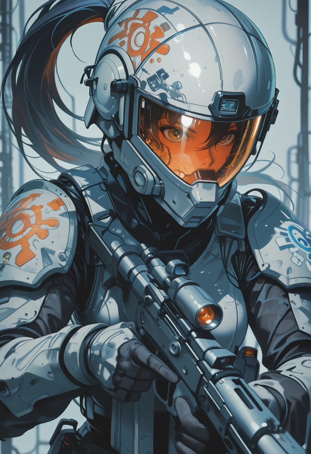 embedding:lazypos, 1girl, (helmet removed:1.2), high ponytail, focused subject, trigger discipline, otherworldly sci-fi weapon rifle,
timewarp, warphole, nistyle Incorporate dynamic lighting with glowing accents and sharp highlights, emphasizing a polished, high-tech appearance. Backgrounds should feature bold, geometric patterns or abstract digital elements, such as grids, streaking lines, creating a sense of motion and energy. Surfaces should appear reflective or metallic, with fine attention to detail in textures and shadows. The composition should feel cinematic and intense, with a focus on clean, precise lines and a sense of technological sophistication.