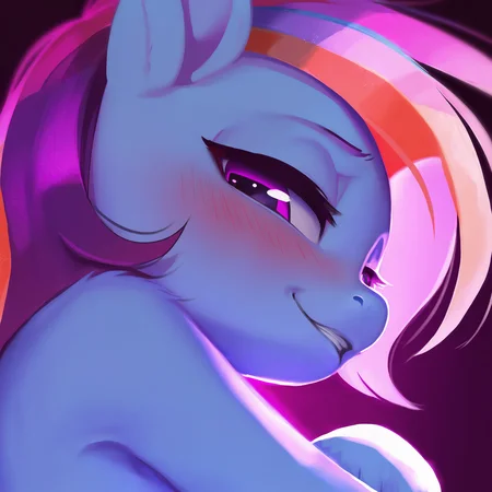 masterpiece, 1girl, furry pony, blue fur, rainbow mane, purple eyes, seductive smirk, blush, dark purple background
<lora:Maid Magic_Furry-V1:0.8>