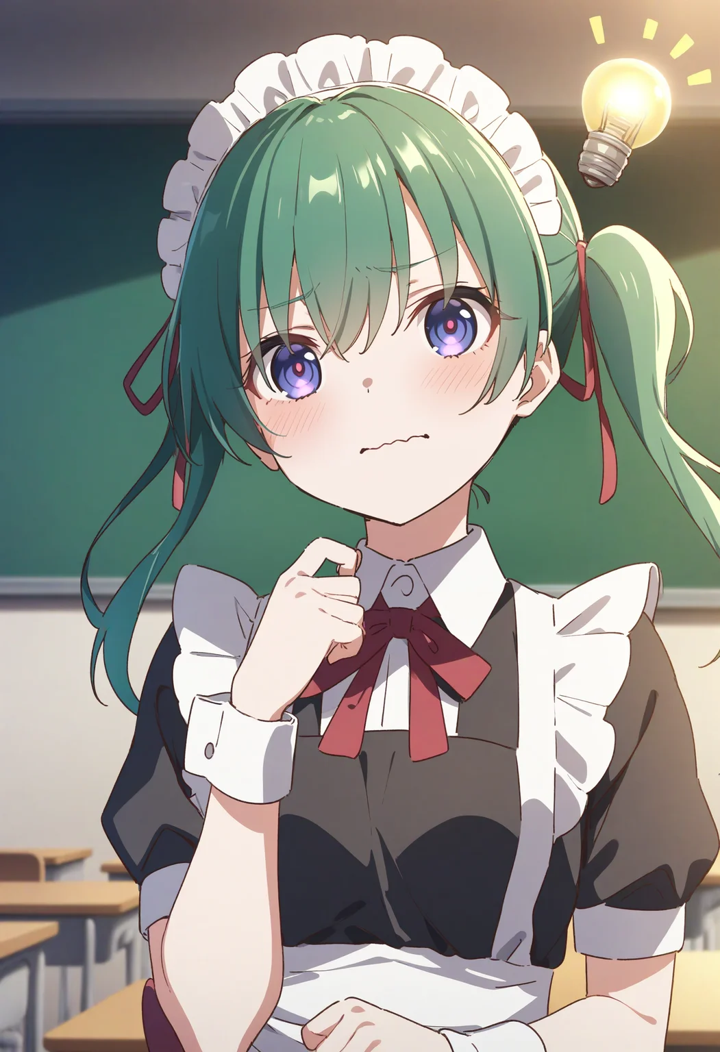 1girl,sincos, ningen mame, toosaka asagi,solo,medium breasts,20yo,maid,maid headdress,
Idea Light Bulb,<lora:Idealightbulb_XL_v1:0.8>
green hair, purple eyes,wavy mouth, classroom, closed mouth, twin drills hair,,
best quality, very aesthetic, absurdres
