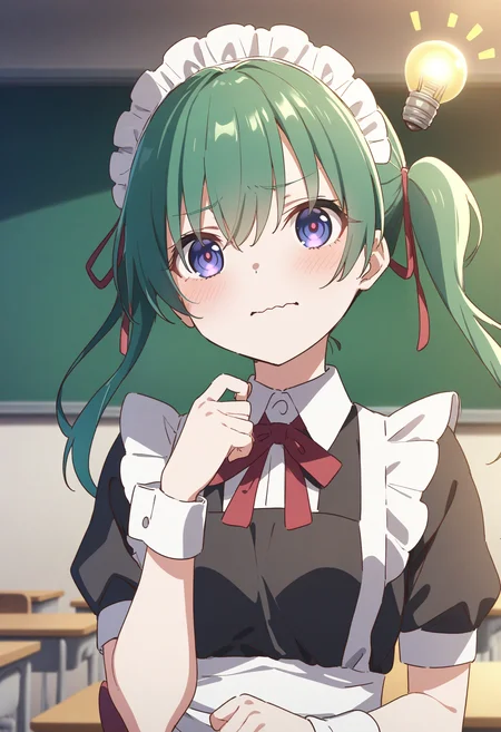 1girl,sincos, ningen mame, toosaka asagi,solo,medium breasts,20yo,maid,maid headdress,
Idea Light Bulb,<lora:Idealightbulb_XL_v1:0.8>
green hair, purple eyes,wavy mouth, classroom, closed mouth, twin drills hair,,
best quality, very aesthetic, absurdres