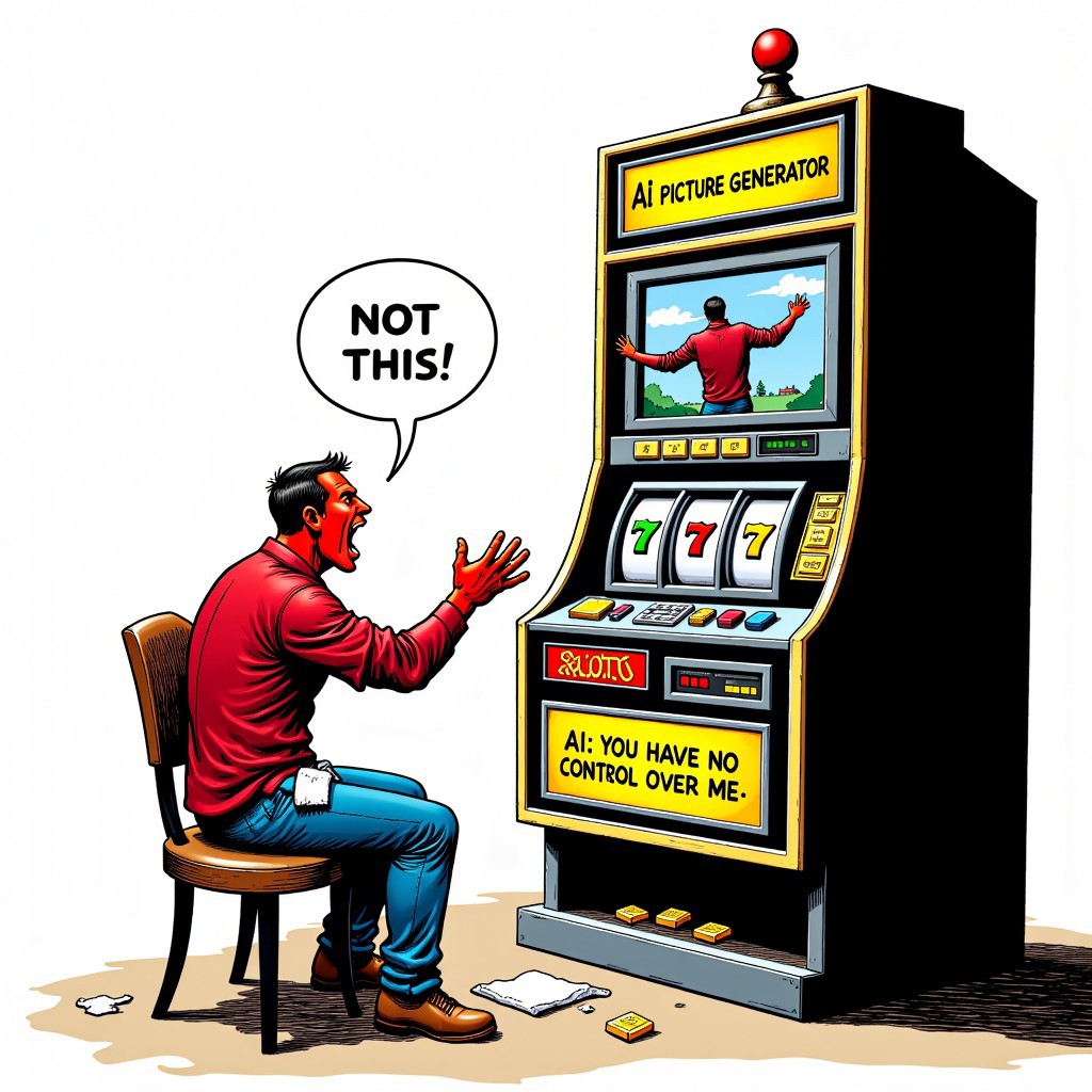Side view man sits in front large tall slot machine without reels named:"AI picture generator",its screen has half clear half deformed picture. The man is in angry shouting ,  at the slot machine position, his face is red with anger arms spread  with palms open, above him speech bubble text :"Not THIS!". From his pants side pockets falls white towel to the floor,
From the machine squire message box yellow on black  aidmaTextImprover with text:"AI: you have no control over me".  the back of the slot machine has lines of gold bars with electric symbol engraved on their side, man in realistic comic style
, Perfect hand, aidmaTextImprover