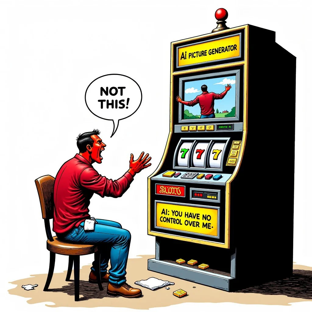 Side view man sits in front large tall slot machine without reels named:"AI picture generator",its screen has half clear half deformed picture. The man is in angry shouting ,  at the slot machine position, his face is red with anger arms spread  with palms open, above him speech bubble text :"Not THIS!". From his pants side pockets falls white towel to the floor,
From the machine squire message box yellow on black  aidmaTextImprover with text:"AI: you have no control over me".  the back of the slot machine has lines of gold bars with electric symbol engraved on their side, man in realistic comic style
, Perfect hand, aidmaTextImprover