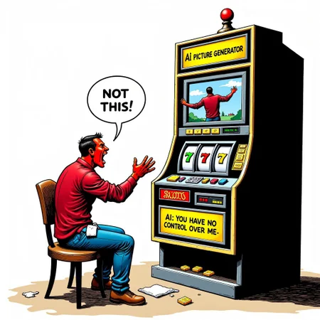 Side view man sits in front large tall slot machine without reels named:"AI picture generator",its screen has half clear half deformed picture. The man is in angry shouting , at the slot machine position, his face is red with anger arms spread with palms open, above him speech bubble text :"Not THIS!". From his pants side pockets falls white towel to the floor,
From the machine squire message box yellow on black aidmaTextImprover with text:"AI: you have no control over me". the back of the slot machine has lines of gold bars with electric symbol engraved on their side, man in realistic comic style
, Perfect hand, aidmaTextImprover