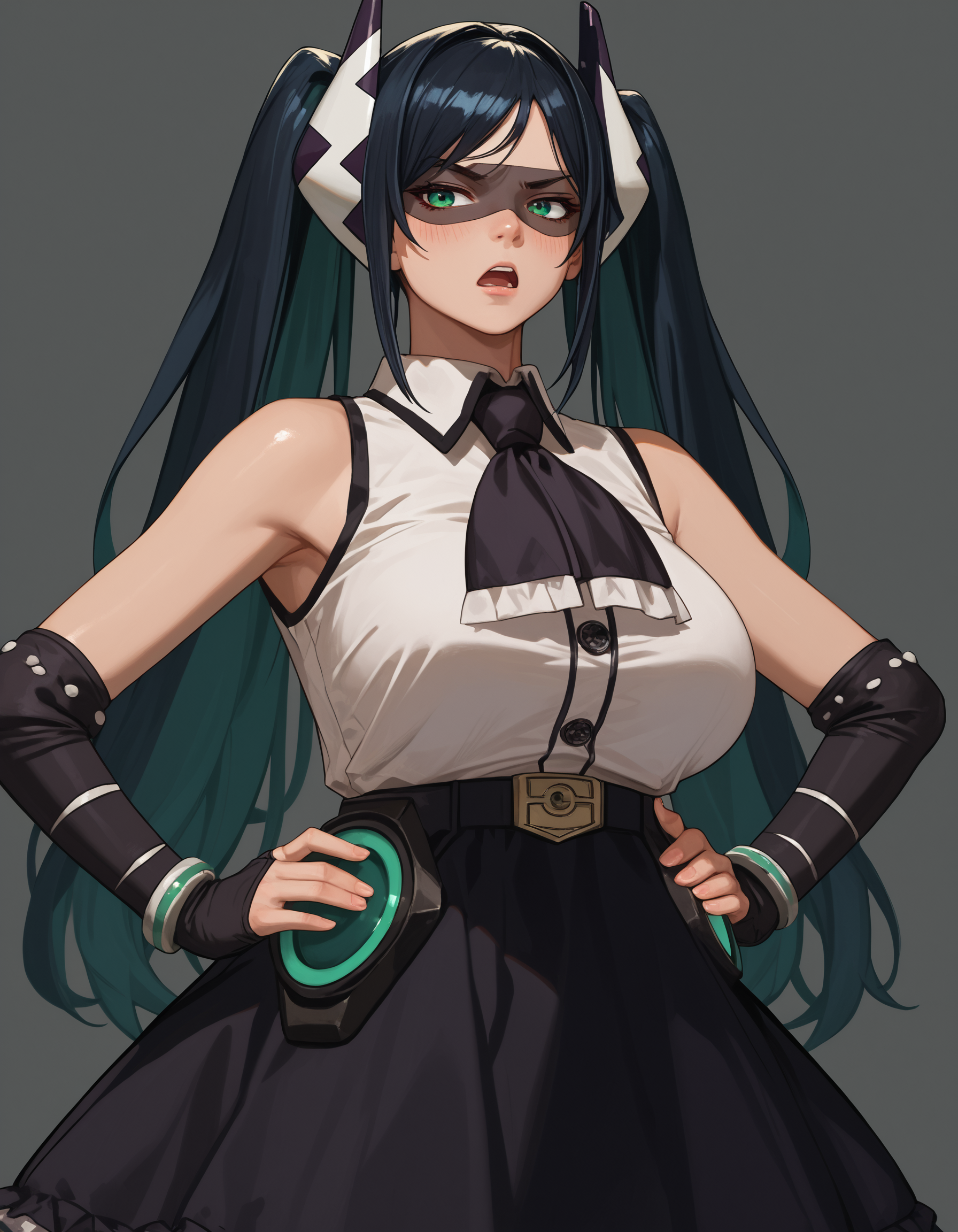 score_9, score_8_up, score_7_up,score_6_up  source_anime,1girl,huge breasts,wide hips,hand on hips,annoyed,open mouth
  <lora:lady_black_(shy)-koto-PonyXL:1> ldyblash, twintails, eye mask, black frilled skirt, black elbow gloves, black ascot, green eyes, hair ornament, black hair, white sleeveless shirt, bare shoulders