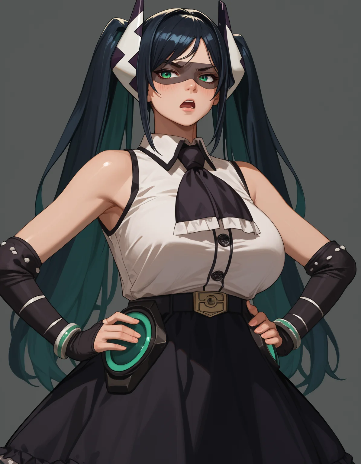 score_9, score_8_up, score_7_up,score_6_up source_anime,1girl,huge breasts,wide hips,hand on hips,annoyed,open mouth
<lora:lady_black_(shy)-koto-PonyXL:1> ldyblash, twintails, eye mask, black frilled skirt, black elbow gloves, black ascot, green eyes, hair ornament, black hair, white sleeveless shirt, bare shoulders