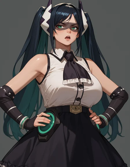 score_9, score_8_up, score_7_up,score_6_up  source_anime,1girl,huge breasts,wide hips,hand on hips,annoyed,open mouth
  <lora:lady_black_(shy)-koto-PonyXL:1> ldyblash, twintails, eye mask, black frilled skirt, black elbow gloves, black ascot, green eyes, hair ornament, black hair, white sleeveless shirt, bare shoulders
