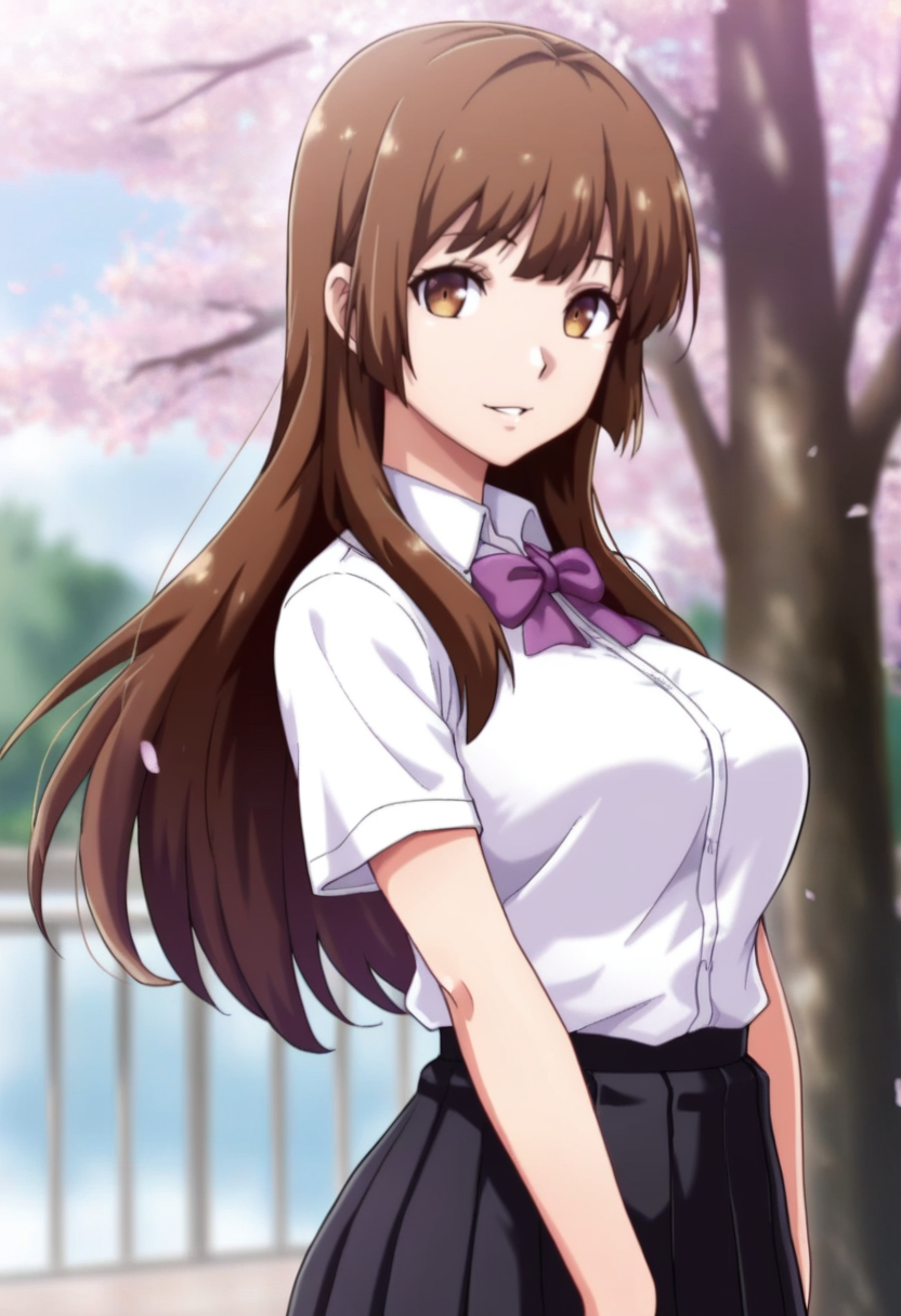 masterpiece, best quality, amazing quality,ayumi nonokura, brown eyes, brown hair, long hair, 1girl, solo,breasts,school uniform,pleated skirt,white shirt, black skirt, purple bow,short sleeves, parted lips, light smile, standing, looking at viewer, cowboy shot, blurry background, outdoors, school, cherry blossoms <lora:ayumi nonokuraV1:1>