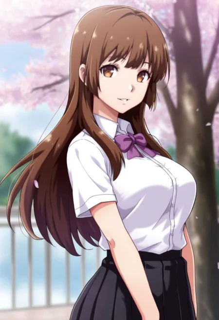 masterpiece, best quality, amazing quality,ayumi nonokura, brown eyes, brown hair, long hair, 1girl, solo,breasts,school uniform,pleated skirt,white shirt, black skirt, purple bow,short sleeves, parted lips, light smile, standing, looking at viewer, cowboy shot, blurry background, outdoors, school, cherry blossoms <lora:ayumi nonokuraV1:1>